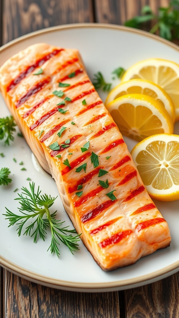 Grilled salmon fillet garnished with herbs and lemon slices on a rustic table.